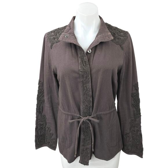 Anthropologie Love Sam Brown Beaded Travis Button Down Cargo Shirt Jacket Coat S - Picture 1 of 7